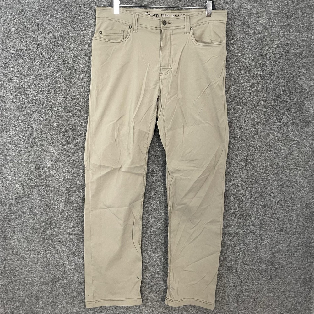 PrAna Brion Pants Mens 35x34 Beige Slim Fit 5 Pocket Stretch Travel Casual